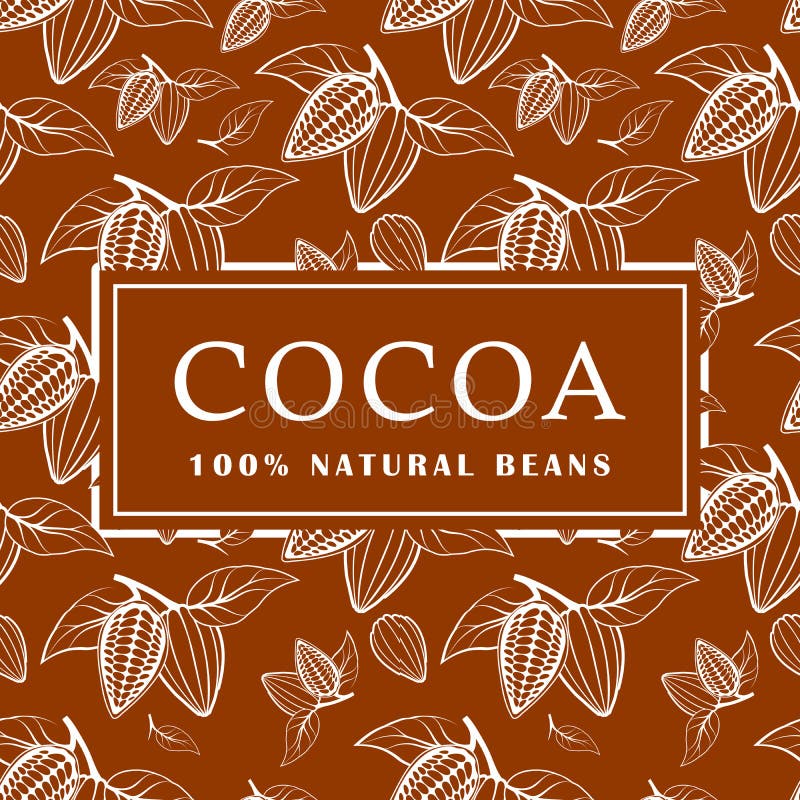 Cocoa beans with leaves on brown background. Seamless pattern. Vector illustration. Cocoa beans with leaves on brown background. Seamless pattern. Vector illustration.